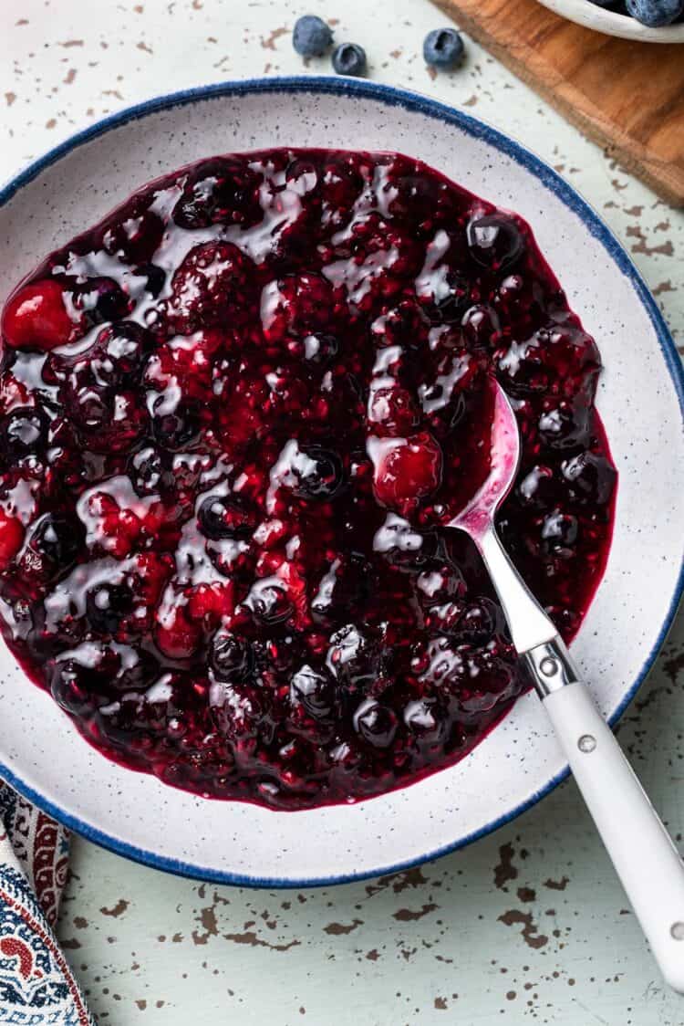 Mixed berry compote in a bowl.