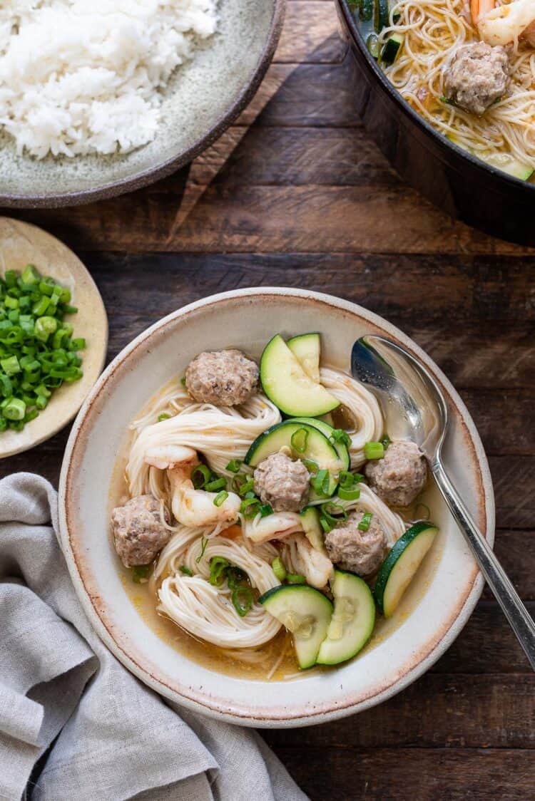 Misua Bola-Bola (Filipino Meatball Noodle Soup) with rice on the side.