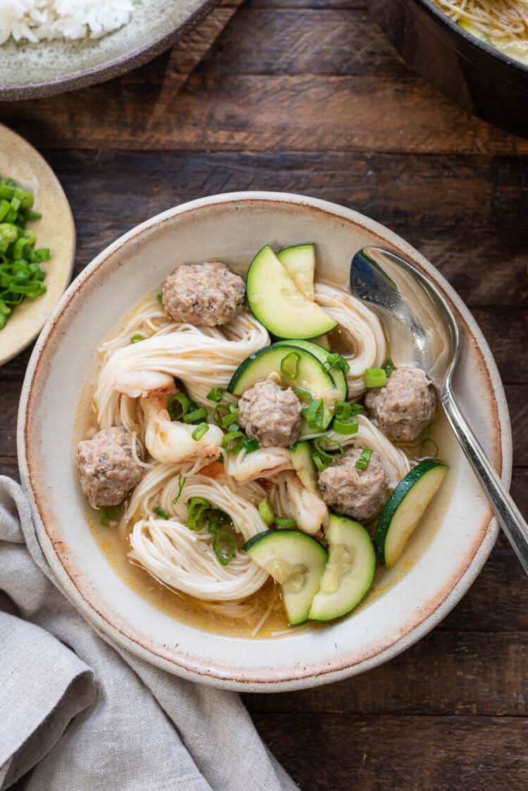 Misua Bola-Bola (Filipino Noodle Soup with Meatballs) in a bowl.