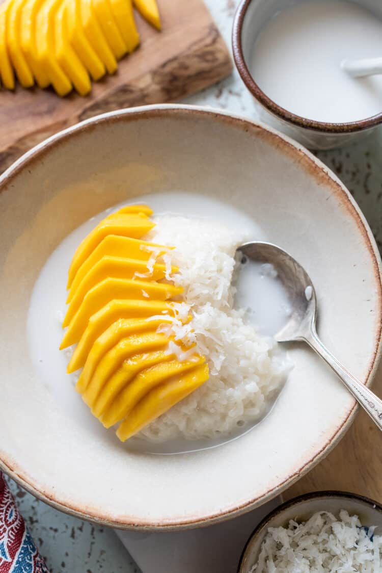 Sweet Coconut Sticky Rice with Mango in a bowl, topped with shredded coconut.