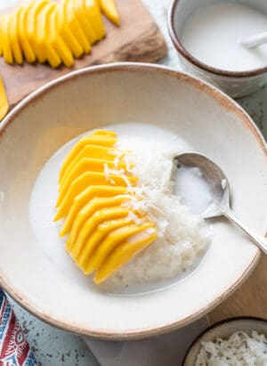 Sweet Coconut Sticky Rice with Mango in a bowl.