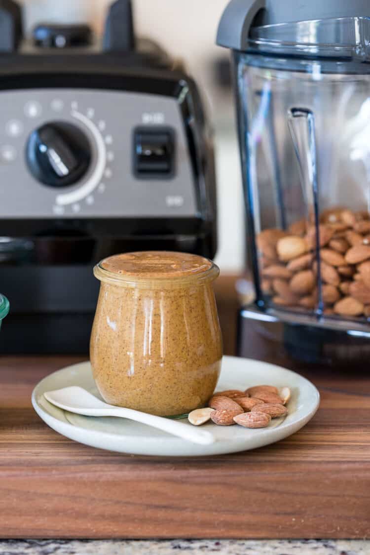 Homemade almond butter in a jar.