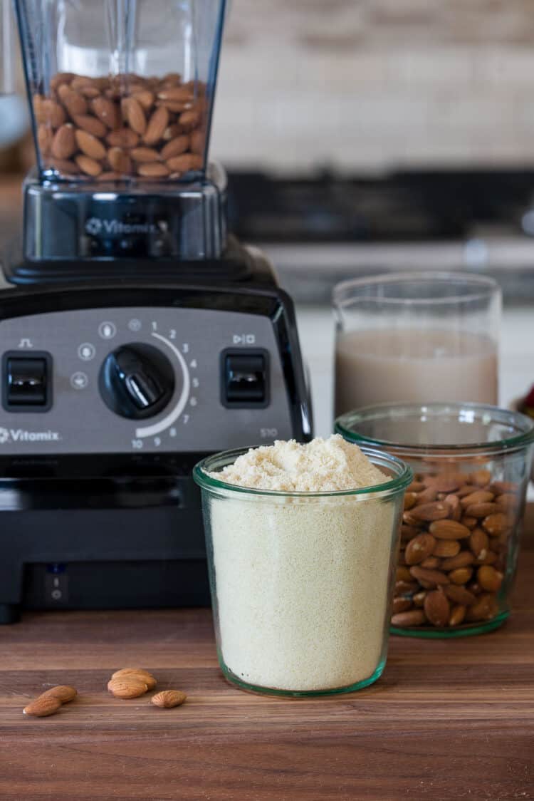 Homemade almond flour made with Vitamix in a jar.