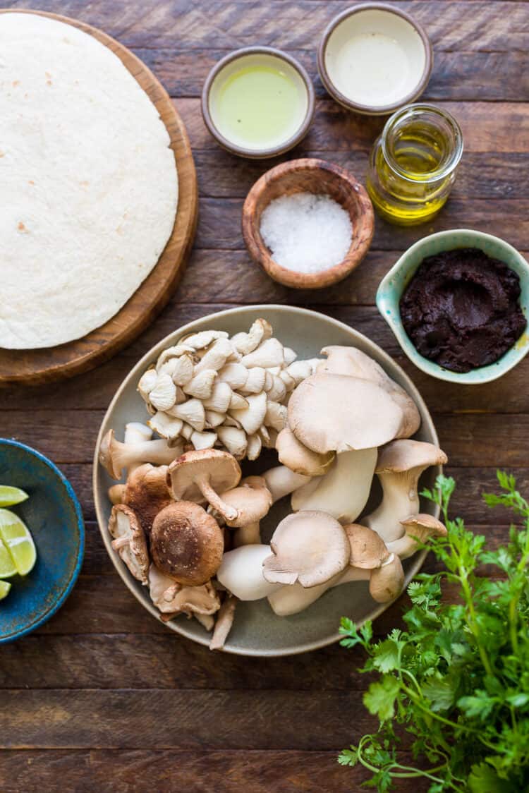 Ingredients for Smokey Mushroom Queso Tacos with Truffle Mole Negro.