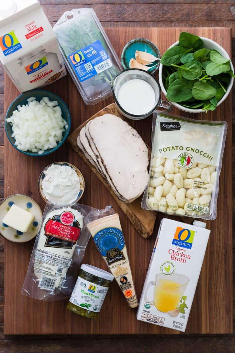 Ingredients for chicken gnocchi bake using Safeway and Boar's Head products.