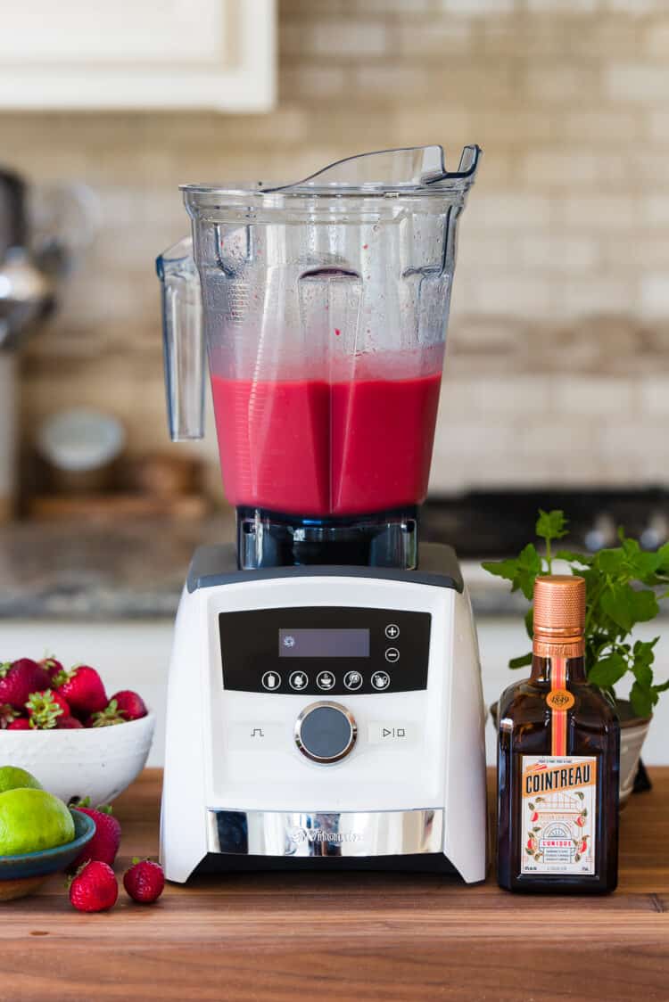 Making Strawberry Cointreau Sorbet in a blender.