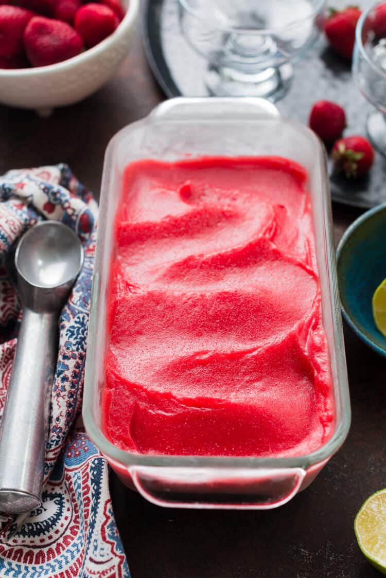 Strawberry Cointreau Sorbet in a dish.