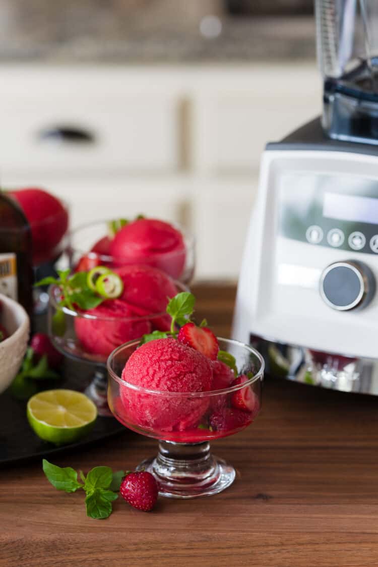 Strawberry Cointreau Sorbet made with a blender.