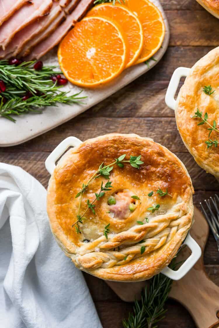 Ham Pot Pie with puffed pastry served in individual baking dishes.