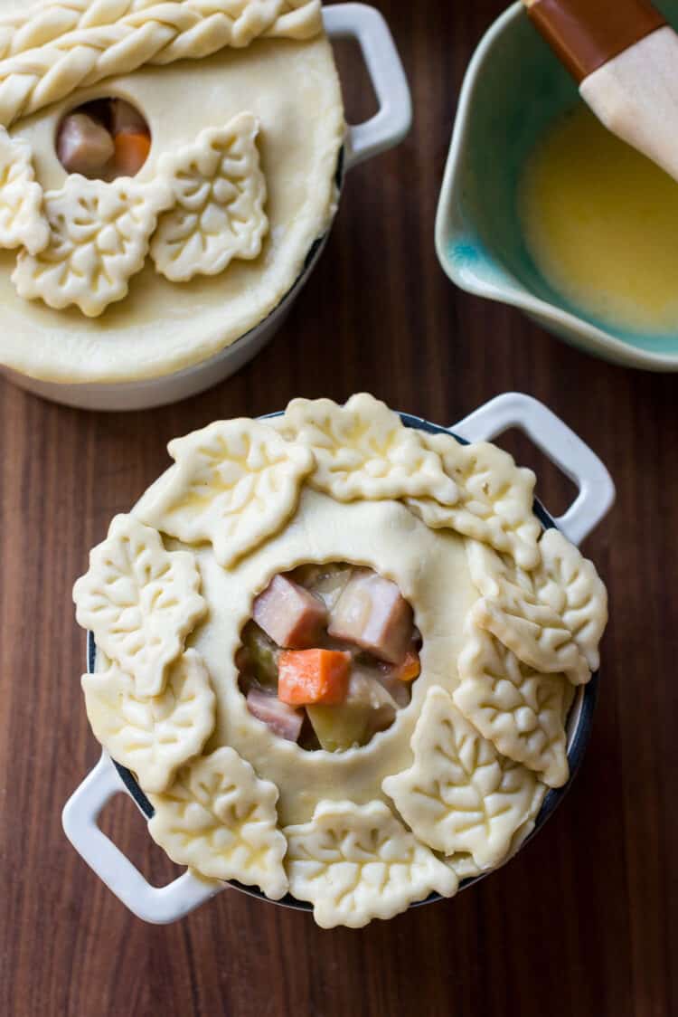 Ham Pot Pie topped with puffed pastry ready for baking.