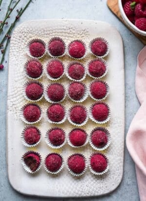 Chocolate Raspberry Truffles on a serving tray.