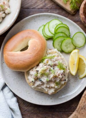 Heart of Palm "Whitefish" Salad on a bagel.