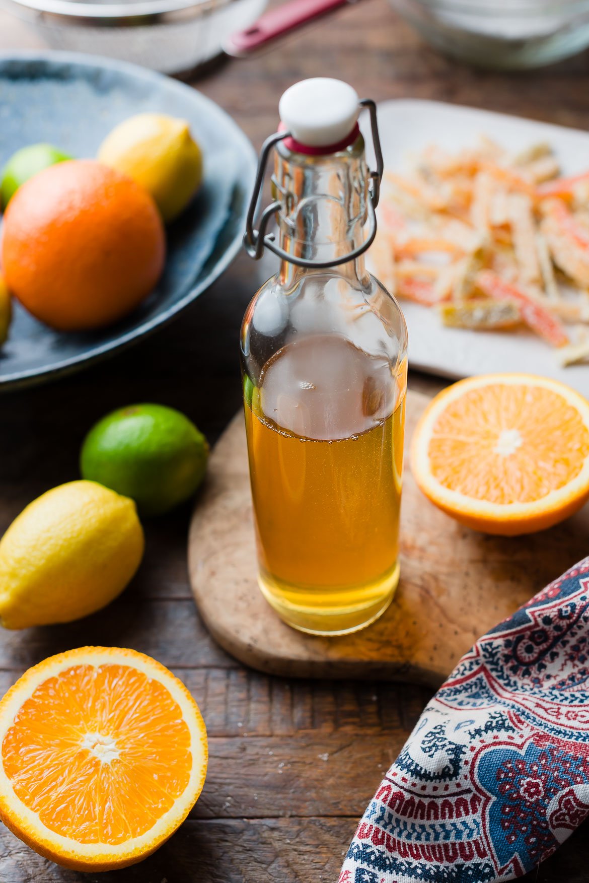 Citrus Syrup in a glass bottle.