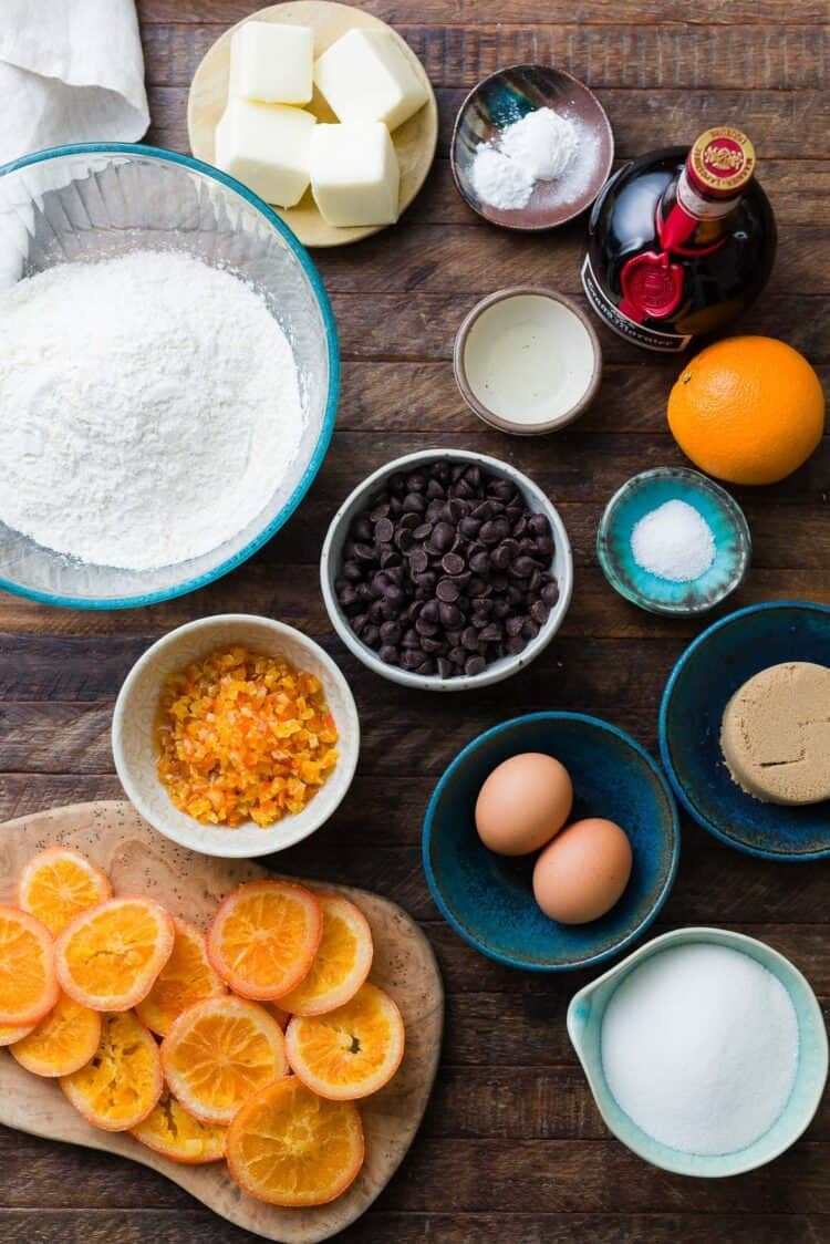 Ingredients for Dark Chocolate Orange Cookies.