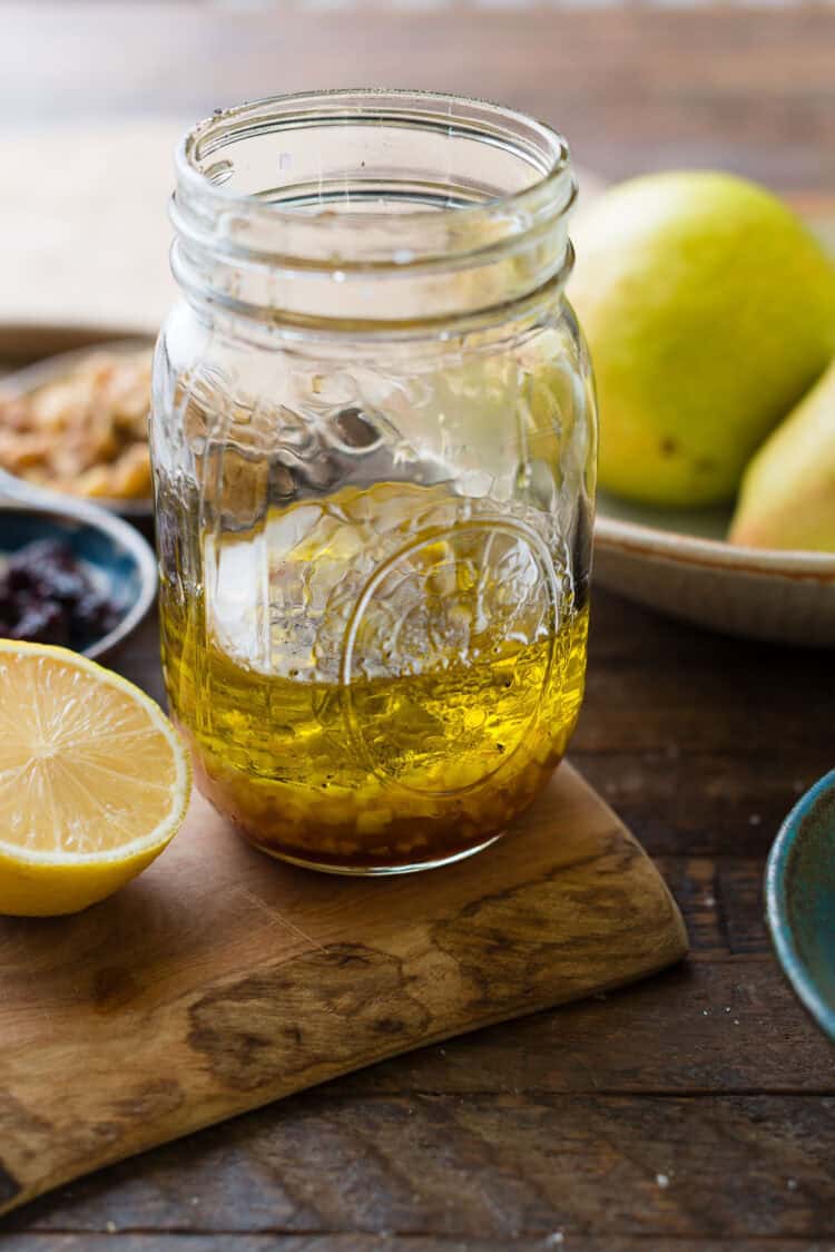 Salad dressing in a jar for Kale and Quinoa Fall Salad with Pears