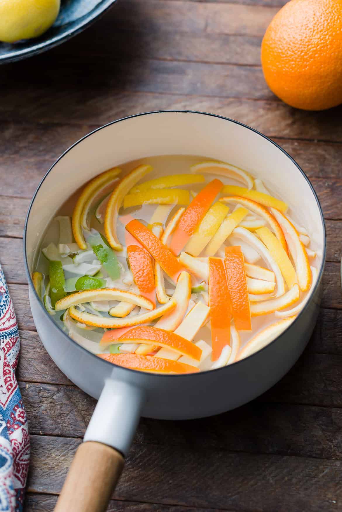 Boiling peels in a saucepan.
