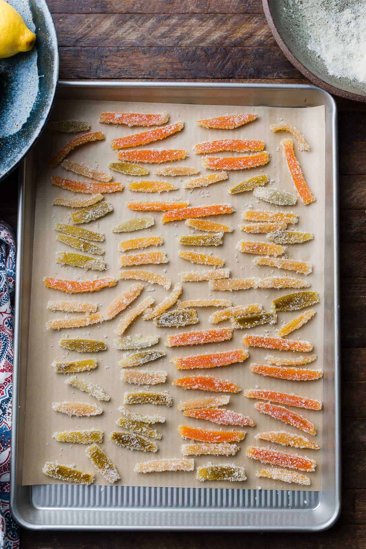 Drying citrus peel in oven.