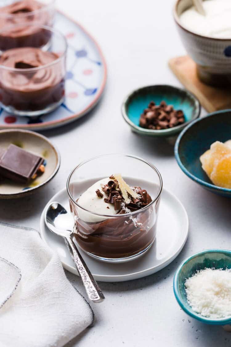 Coconut Chocolate Pudding served in a glass.