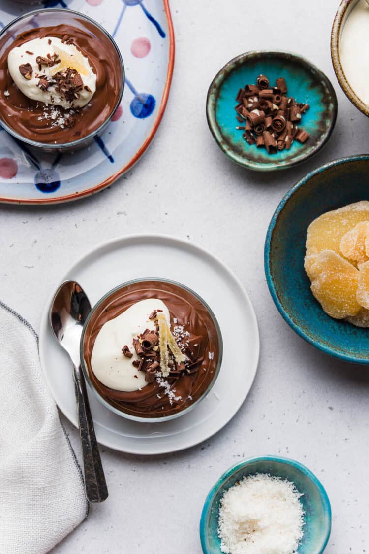 Overhead shot of coconut chocolate pudding.