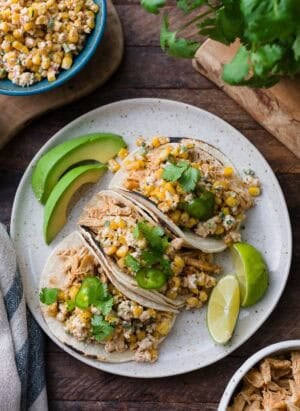 Mexican Street Corn Chicken tacos on a plate.
