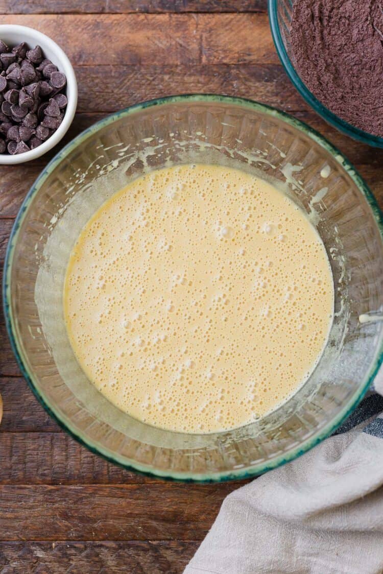 Wet ingredients for mocha brownies.