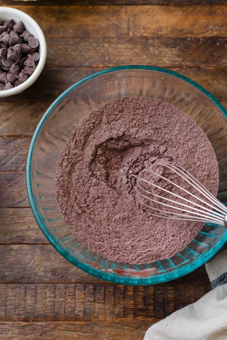 Whisking cocoa and dry ingredients for mocha brownies.