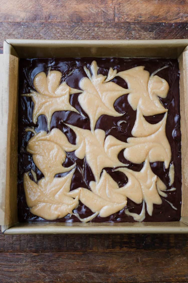 Batter for Mocha Brownies
with Olive Oil and Tahini Swirl in a pan, ready for baking.