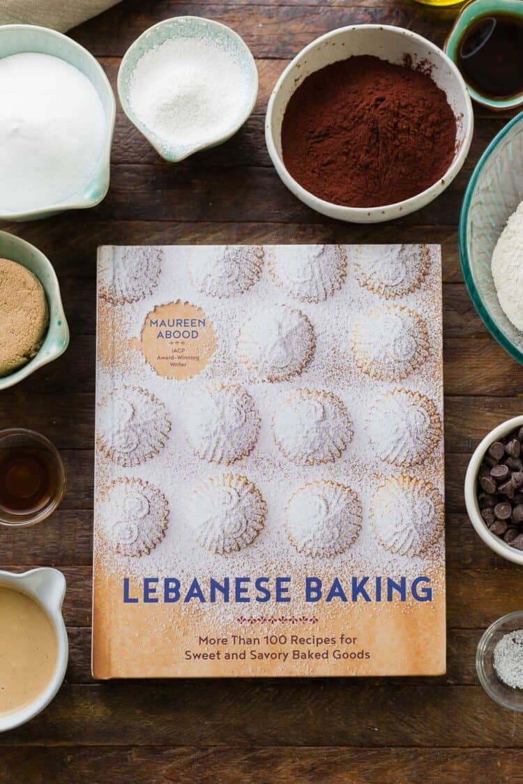 Lebanese Baking cookbook with the ingredients for Mocha Brownies with Olive Oil and Tahini Swirl.
