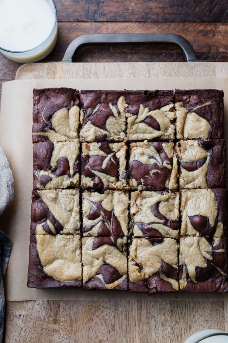 Mocha Brownies
with Olive Oil and Tahini Swirl on a cutting board