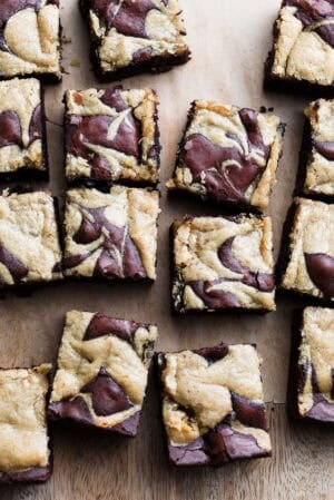 Mocha Brownies
with Olive Oil and Tahini Swirl sliced on a cutting board.