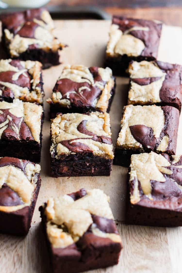 Mocha Brownies
with Olive Oil and Tahini Swirl on a cutting board