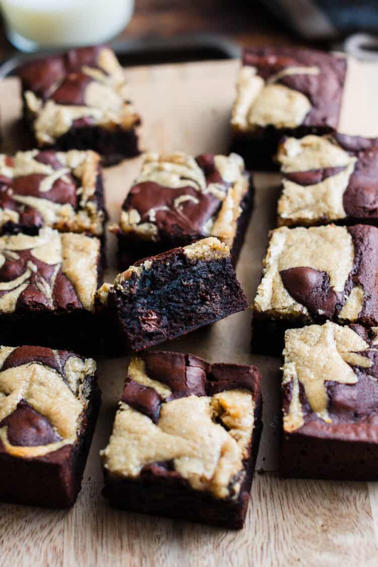 Sliced Mocha Brownies
with Olive Oil and Tahini Swirl, and a cut view of the fudgy interior.