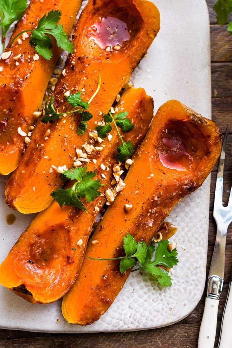 Roasted Butternut Squash with Honey and Habanero on a platter.