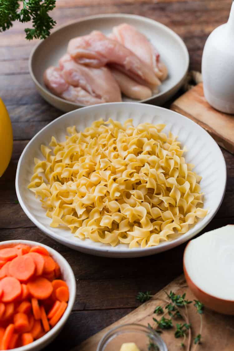 Egg noodles in a bowl.