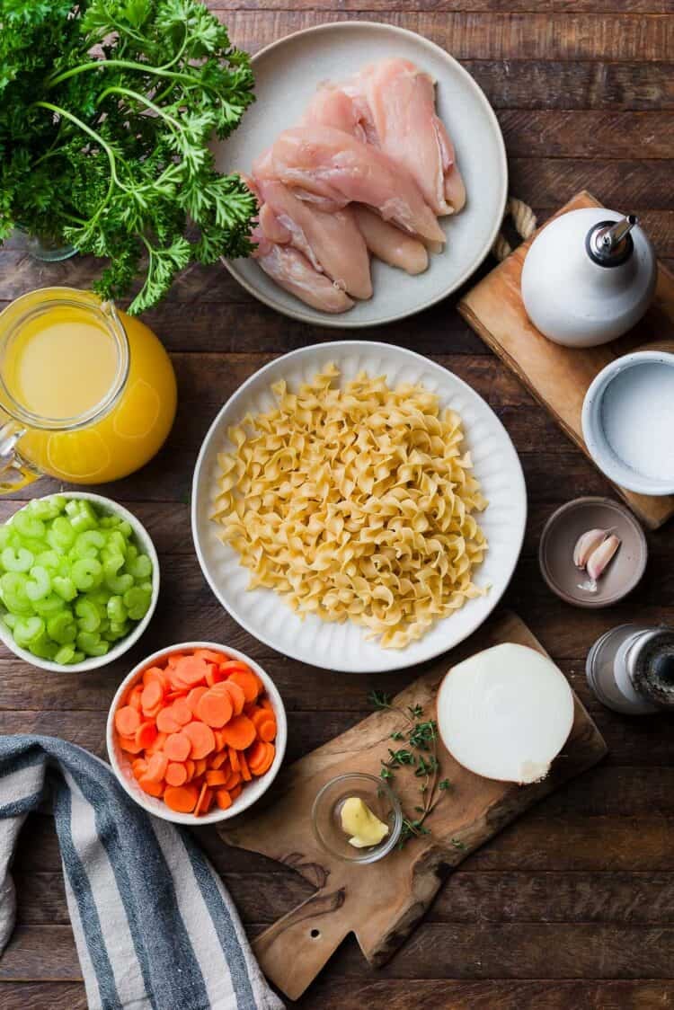 Ingredients for chicken noodle soup.