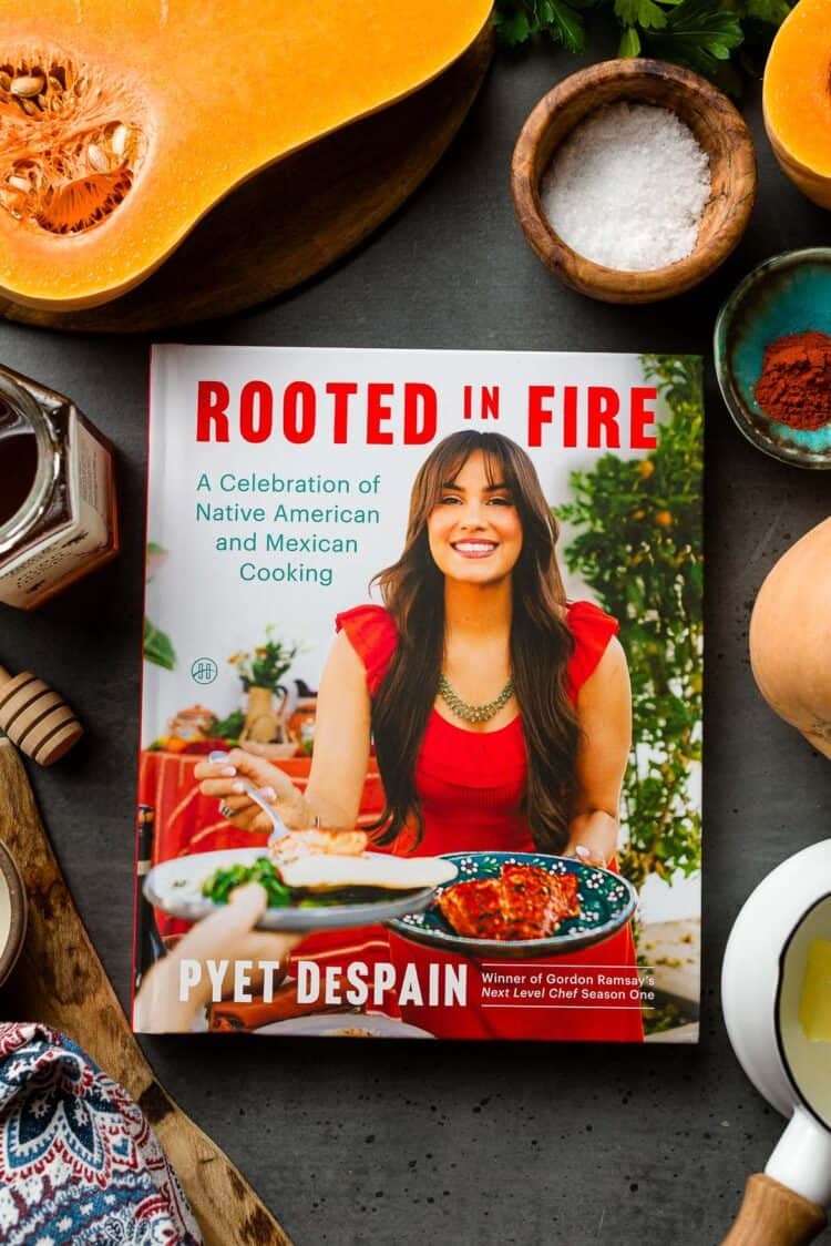 Rooted in Fire cookbook, by Pyet DeSpain, with ingredients for Roasted Butternut squash recipe.
