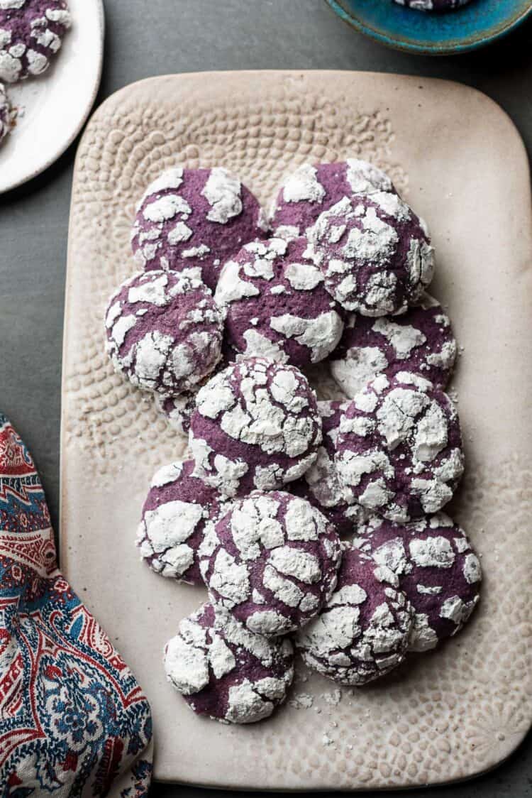 Ube Crinkle Cookies on a platter.