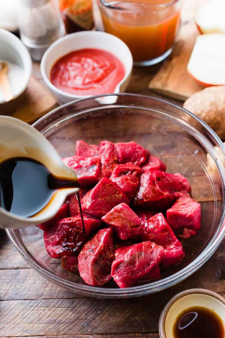 Beef for stew marinating for Mechado, a Filipino stew.