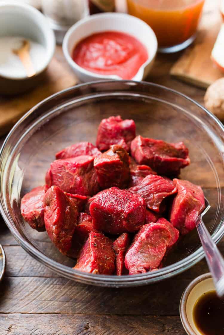 Beef for stew marinating for Mechado, a Filipino stew.