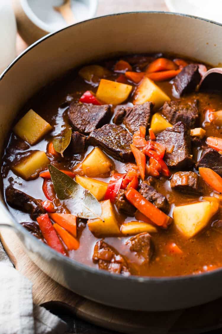 Mechado, a Filipino beef stew, cooked in a Dutch oven.