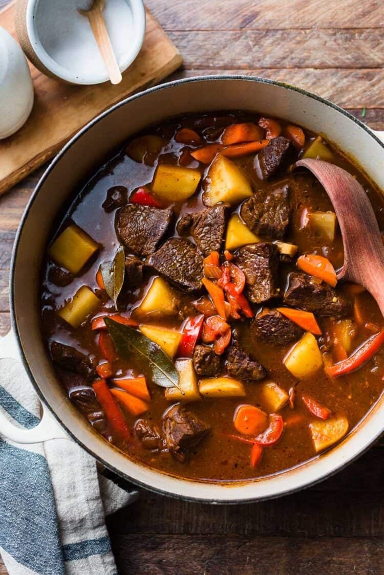 Mechado (Filipino Beef Stew) in a Dutch oven.