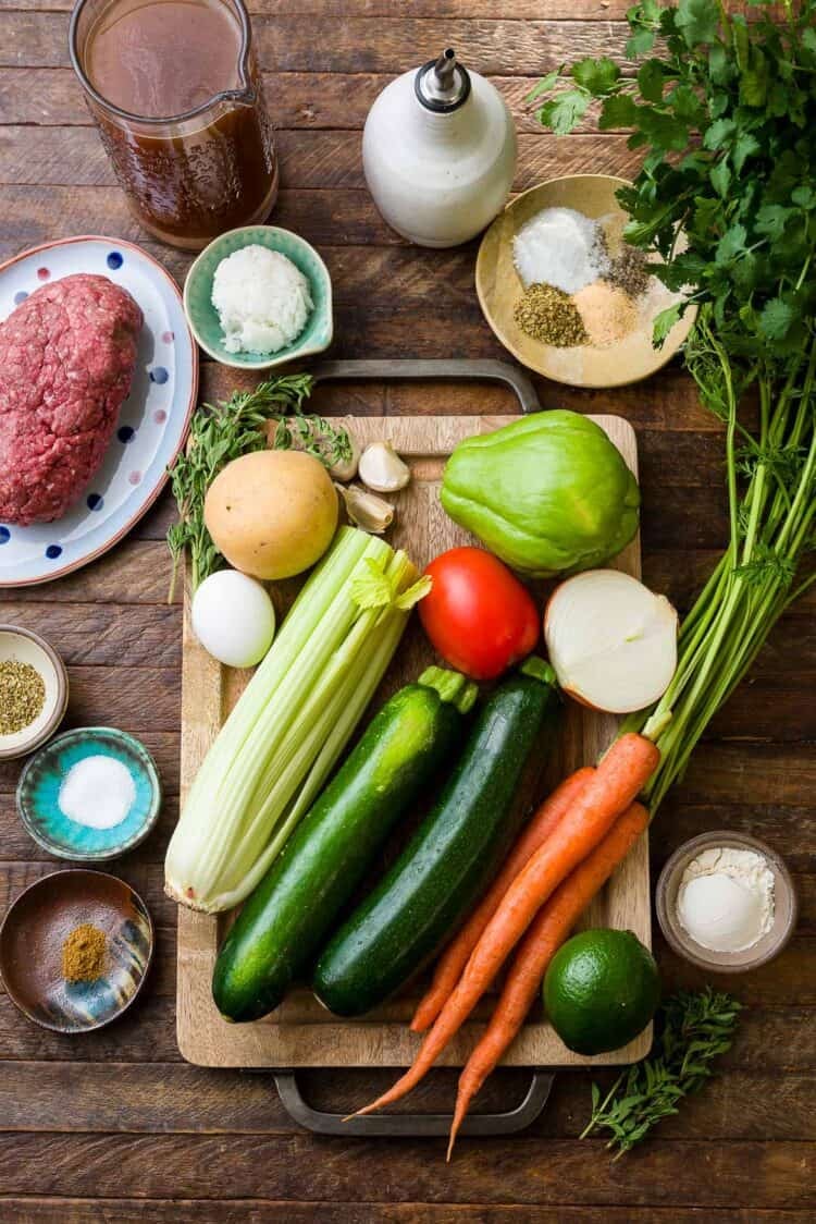 Ingredients for Albondigas (Mexican meatball soup).